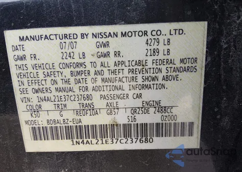 2007 Nissan Altima 2.5 S z USA, uszkodzony, nr VIN 1N4AL21E37C237680